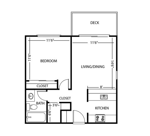 Floor plan for 1 bed, 1 bath, 552 sqft